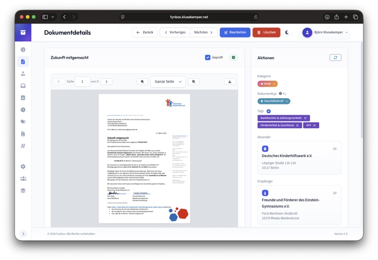 Fynbox – KI-gestützte Dokumentenverwaltung mit automatischer Erkennung und Sortierung